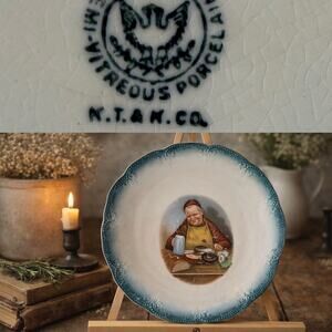 1800’s Knowles Taylor & Knowles China Monk beer Plate Blue teal KT&K cottagecore